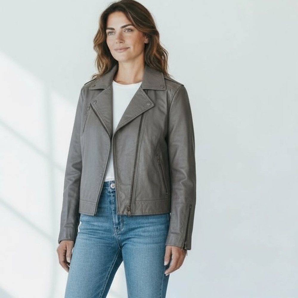 Vintage Berman’s 80 Gray Leather Moto Jacket 38 Faux Fur Lined Removable Vest